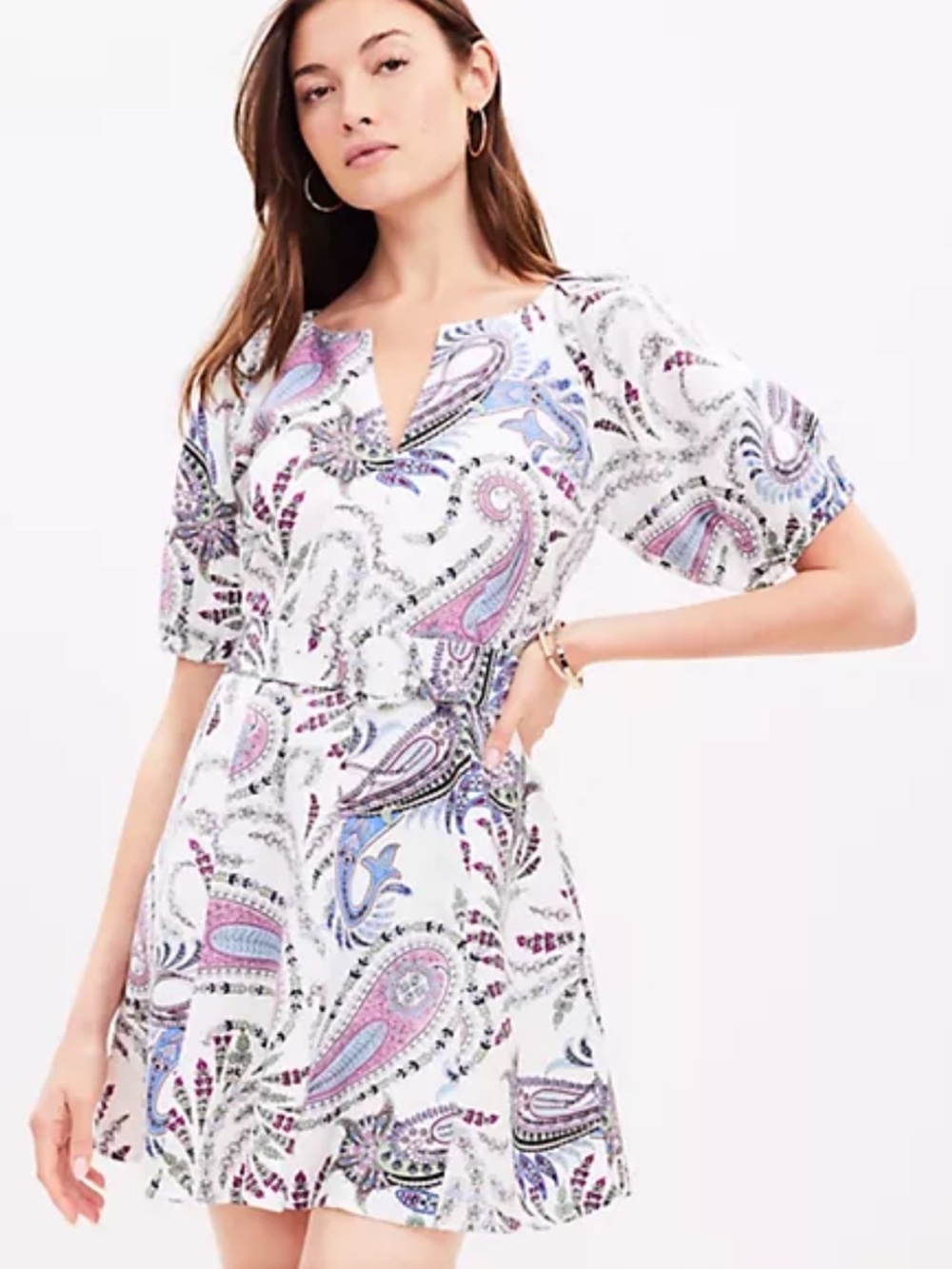 LOFT Paisley Linen Blend Belted Puff Sleeve Dress  8